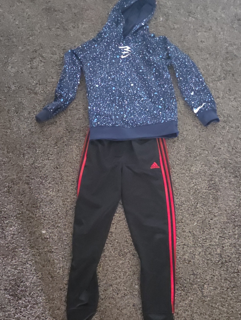adidas Kids Black Joggers with Red Side Stripes And Blue Nike Hoodie Boys Medium